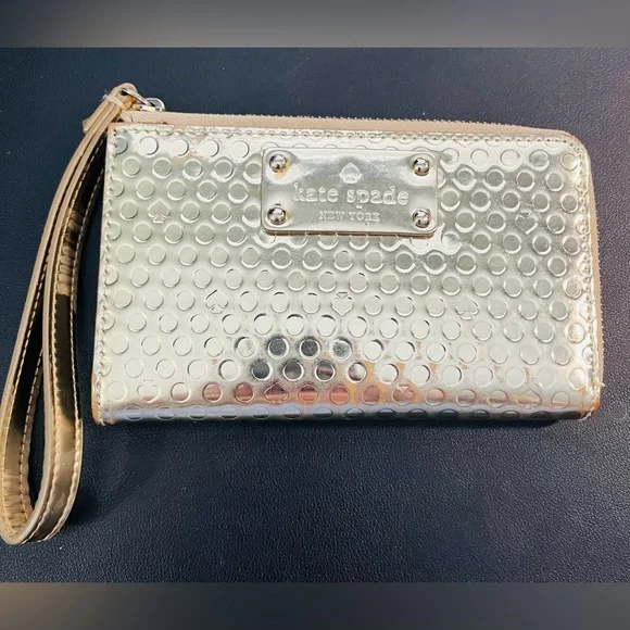 Kate Spade Metallic Silver Polka Dot Wristlet/Wallet EUC - Picture 1 of 5